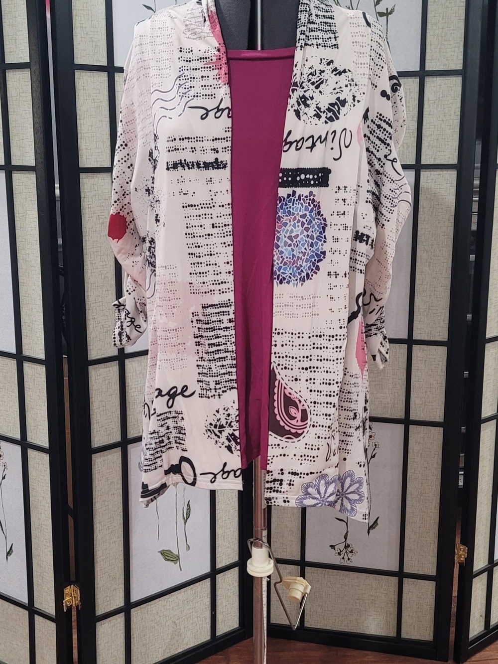 Lily Open-Front Printed Cardigan in Cream, Pink, Purple